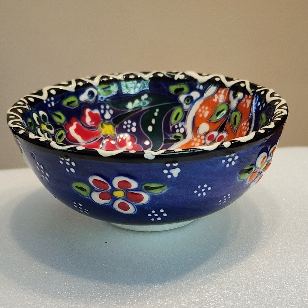 Hand Painted Embossed Ceramic Small Bowl Turkish Style Floral Bright Ring Dish - Picture 2 of 7